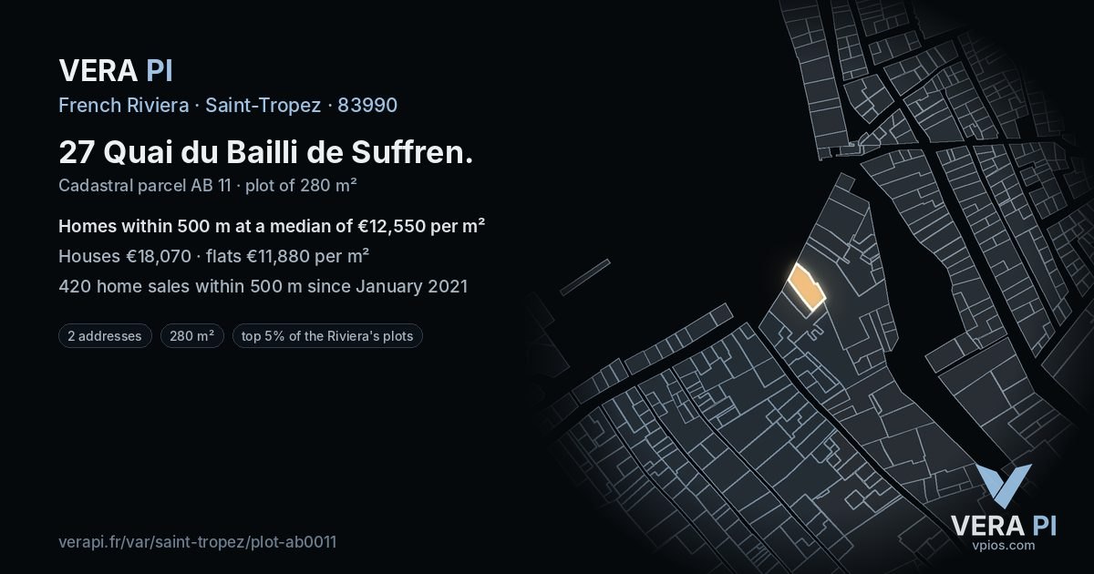 27 Quai du Bailli de Suffren, Saint-Tropez at night – the plot lit, the parcels around coloured by the prices near them