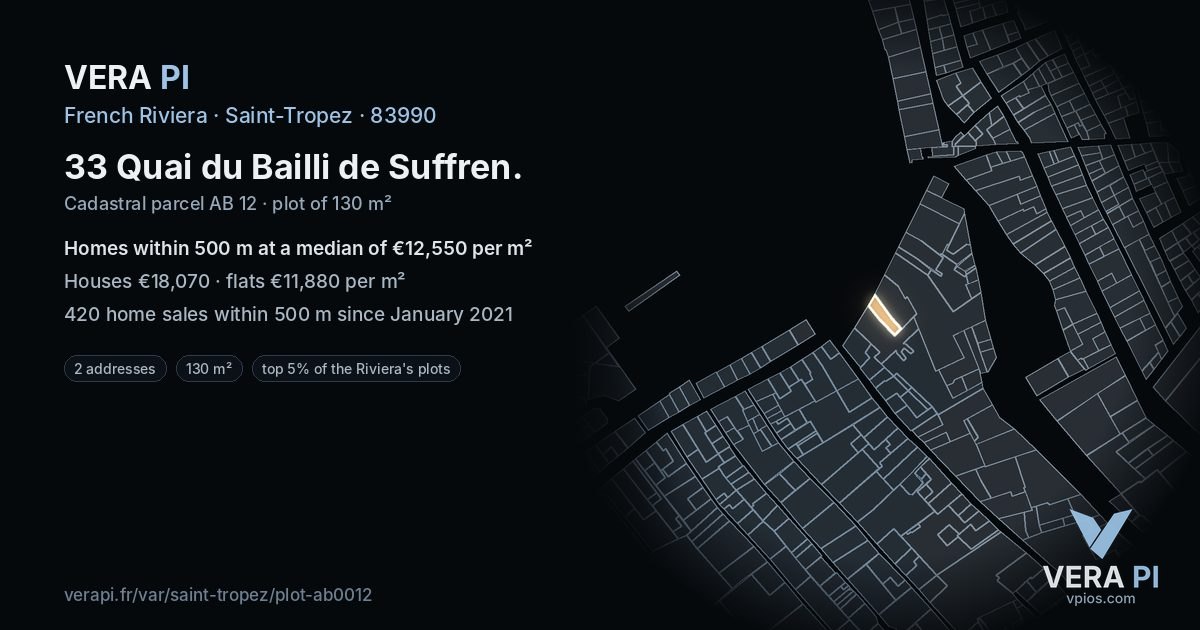 33 Quai du Bailli de Suffren, Saint-Tropez at night – the plot lit, the parcels around coloured by the prices near them