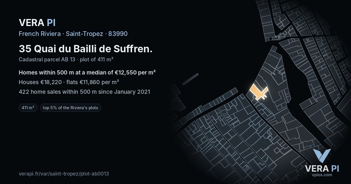 35 Quai du Bailli de Suffren, Saint-Tropez at night – the plot lit, the parcels around coloured by the prices near them