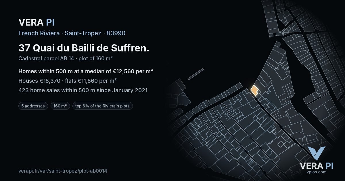 37 Quai du Bailli de Suffren, Saint-Tropez at night – the plot lit, the parcels around coloured by the prices near them