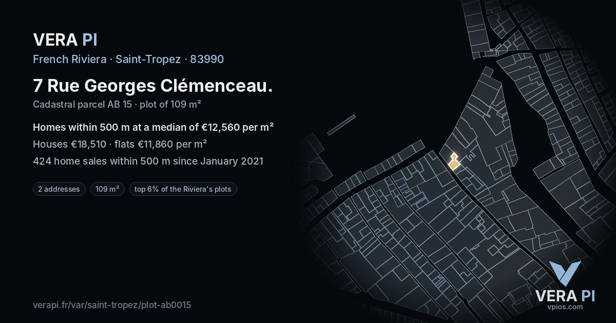 7 Rue Georges Clémenceau, Saint-Tropez at night – the plot lit, the parcels around coloured by the prices near them