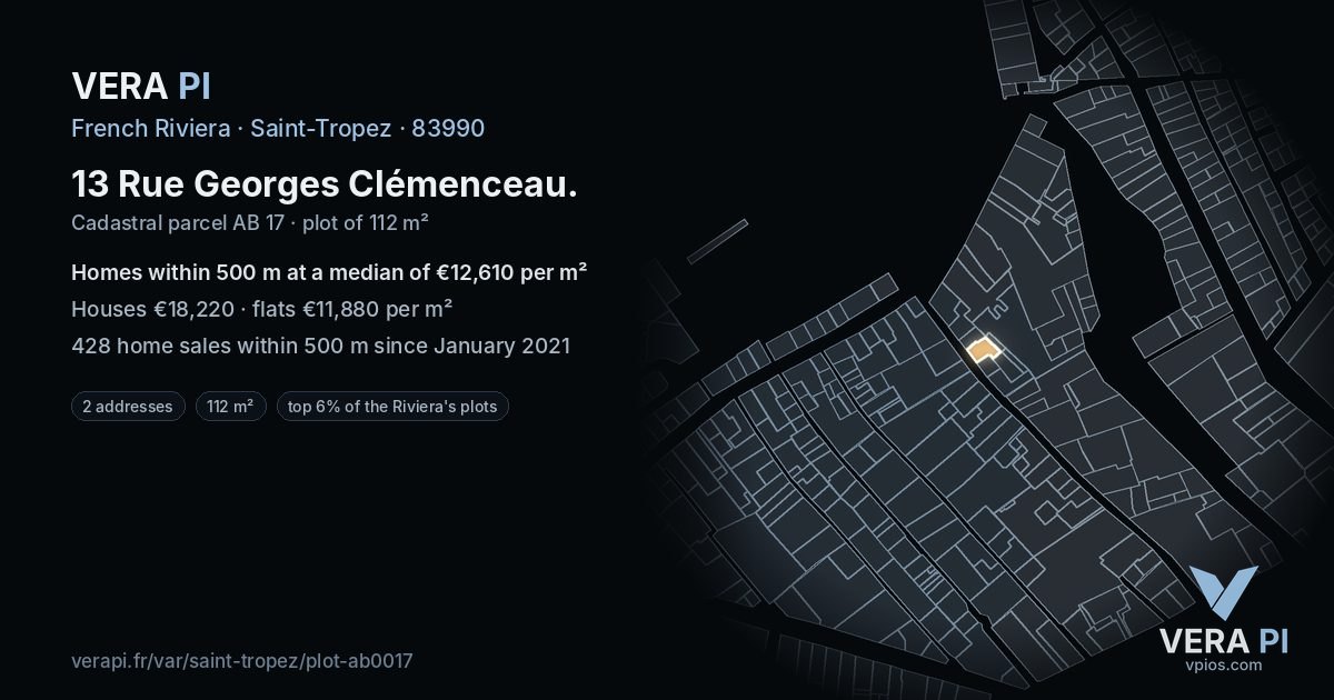 13 Rue Georges Clémenceau, Saint-Tropez at night – the plot lit, the parcels around coloured by the prices near them