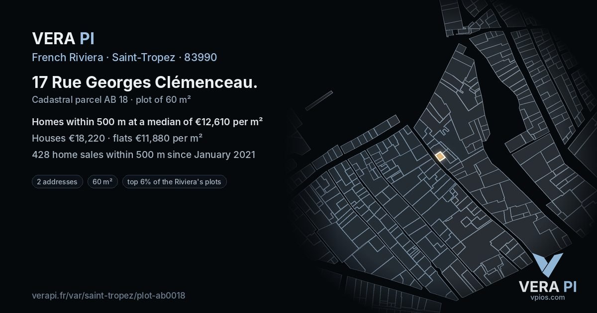 17 Rue Georges Clémenceau, Saint-Tropez at night – the plot lit, the parcels around coloured by the prices near them