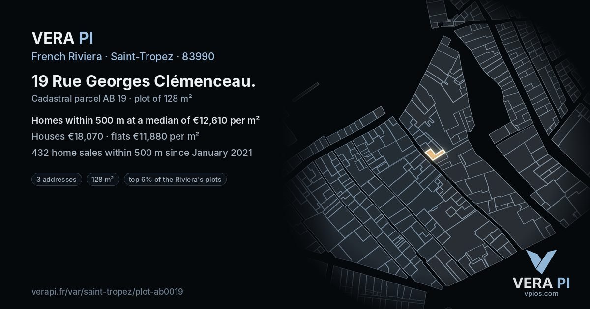 19 Rue Georges Clémenceau, Saint-Tropez at night – the plot lit, the parcels around coloured by the prices near them