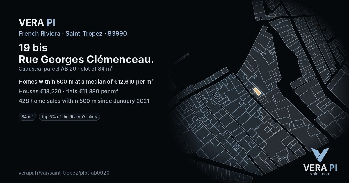 19 bis Rue Georges Clémenceau, Saint-Tropez at night – the plot lit, the parcels around coloured by the prices near them
