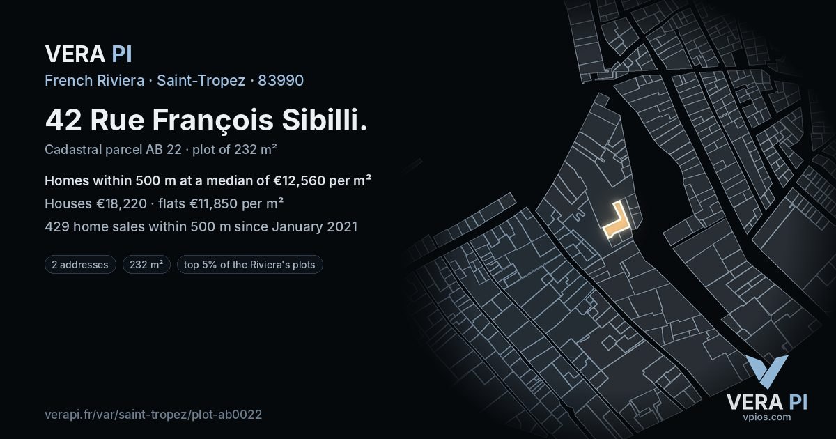 42 Rue François Sibilli, Saint-Tropez at night – the plot lit, the parcels around coloured by the prices near them