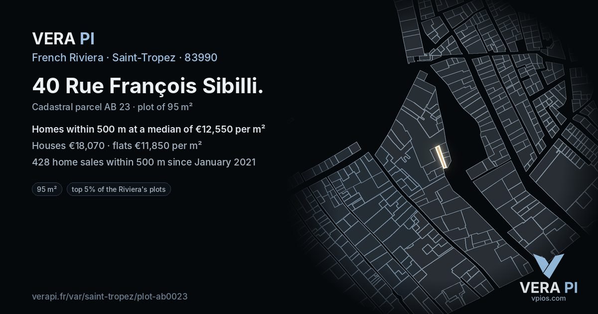 40 Rue François Sibilli, Saint-Tropez at night – the plot lit, the parcels around coloured by the prices near them
