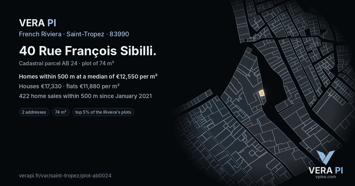 40 Rue François Sibilli, Saint-Tropez at night – the plot lit, the parcels around coloured by the prices near them