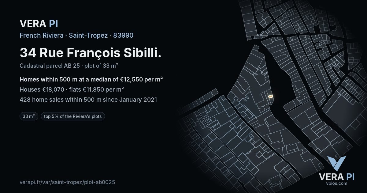 34 Rue François Sibilli, Saint-Tropez at night – the plot lit, the parcels around coloured by the prices near them
