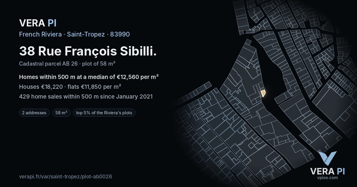 38 Rue François Sibilli, Saint-Tropez at night – the plot lit, the parcels around coloured by the prices near them