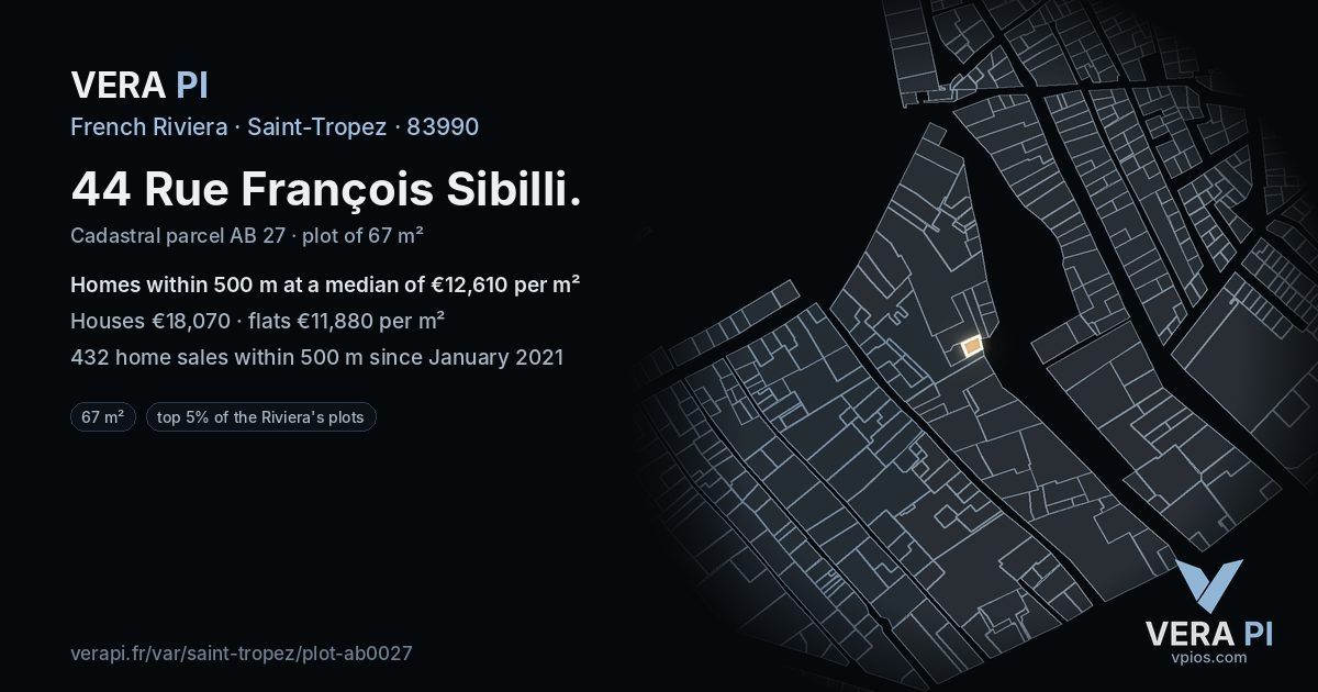 44 Rue François Sibilli, Saint-Tropez at night – the plot lit, the parcels around coloured by the prices near them