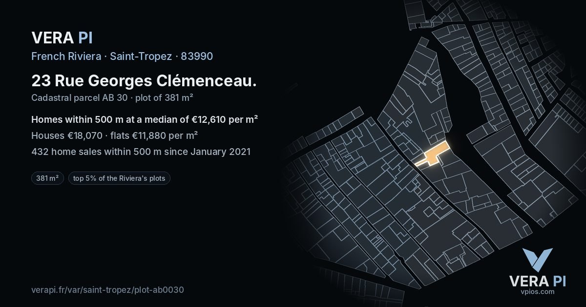 23 Rue Georges Clémenceau, Saint-Tropez at night – the plot lit, the parcels around coloured by the prices near them