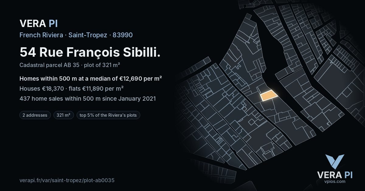 54 Rue François Sibilli, Saint-Tropez at night – the plot lit, the parcels around coloured by the prices near them