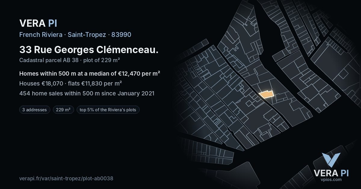 33 Rue Georges Clémenceau, Saint-Tropez at night – the plot lit, the parcels around coloured by the prices near them