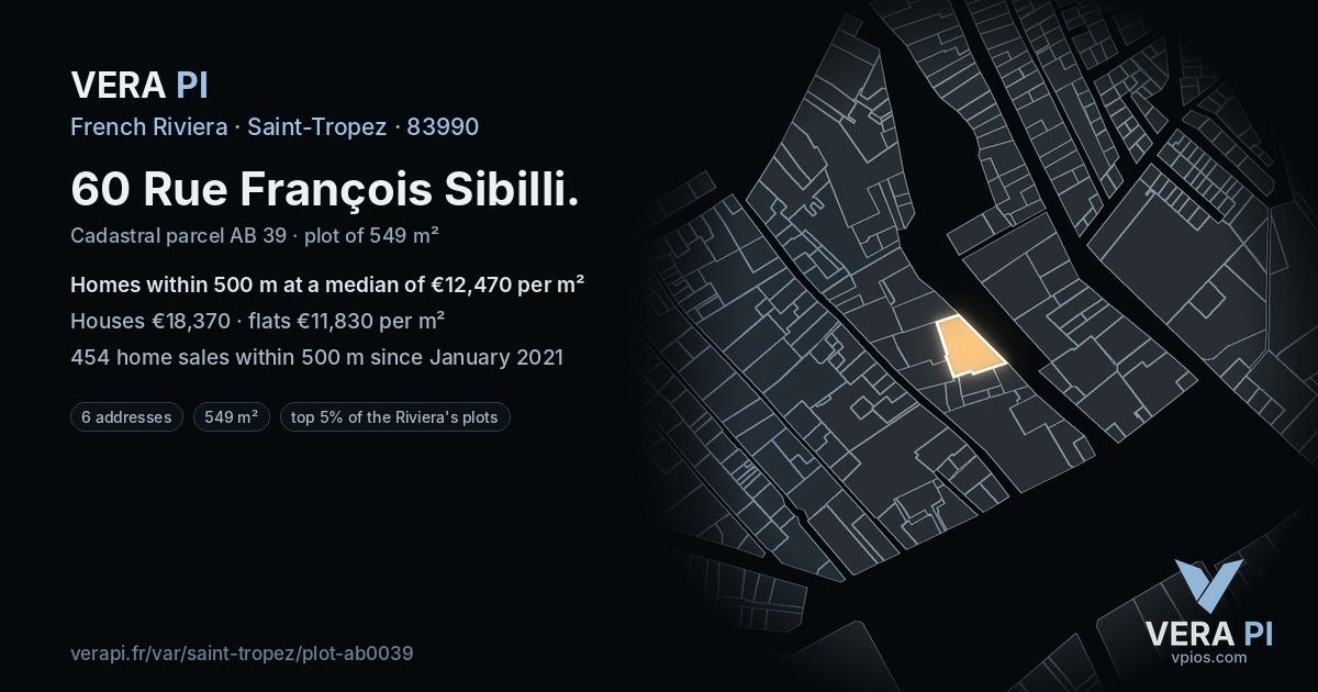 60 Rue François Sibilli, Saint-Tropez at night – the plot lit, the parcels around coloured by the prices near them