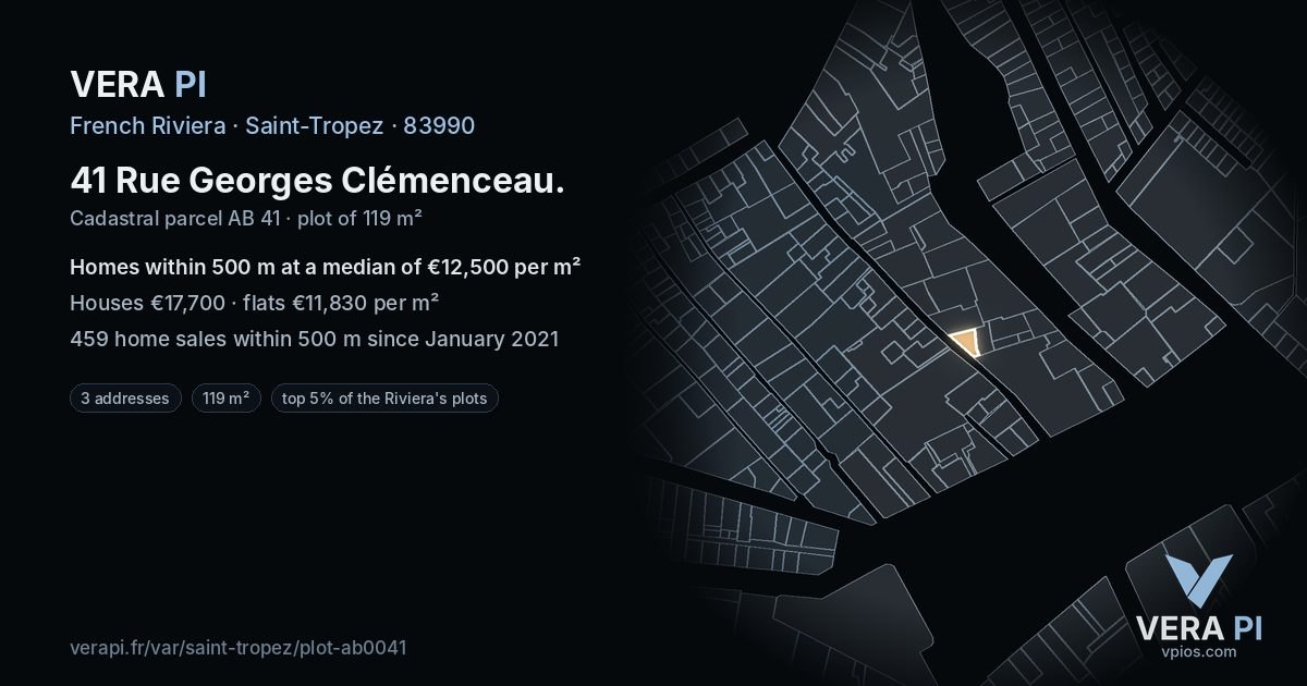 41 Rue Georges Clémenceau, Saint-Tropez at night – the plot lit, the parcels around coloured by the prices near them