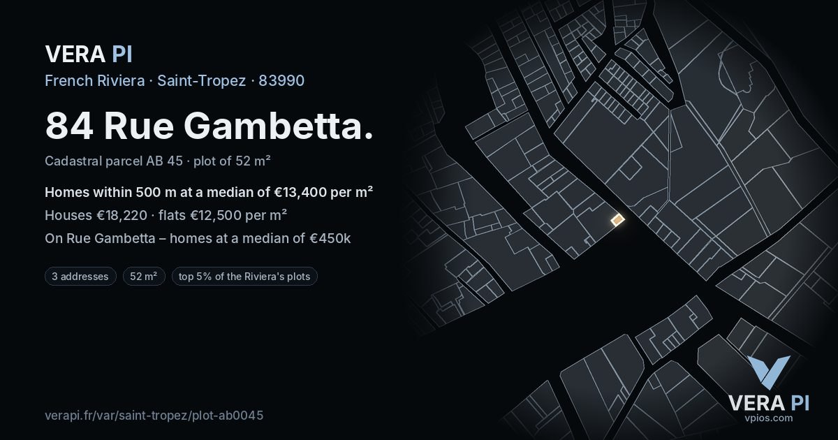 84 Rue Gambetta, Saint-Tropez at night – the plot lit, the parcels around coloured by the prices near them
