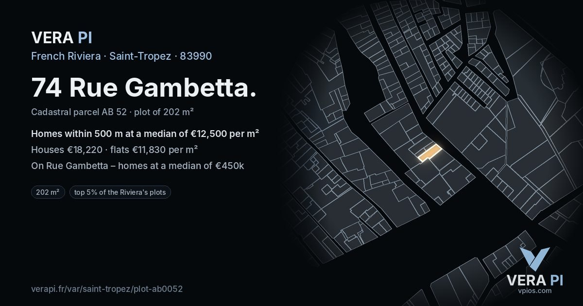 74 Rue Gambetta, Saint-Tropez at night – the plot lit, the parcels around coloured by the prices near them
