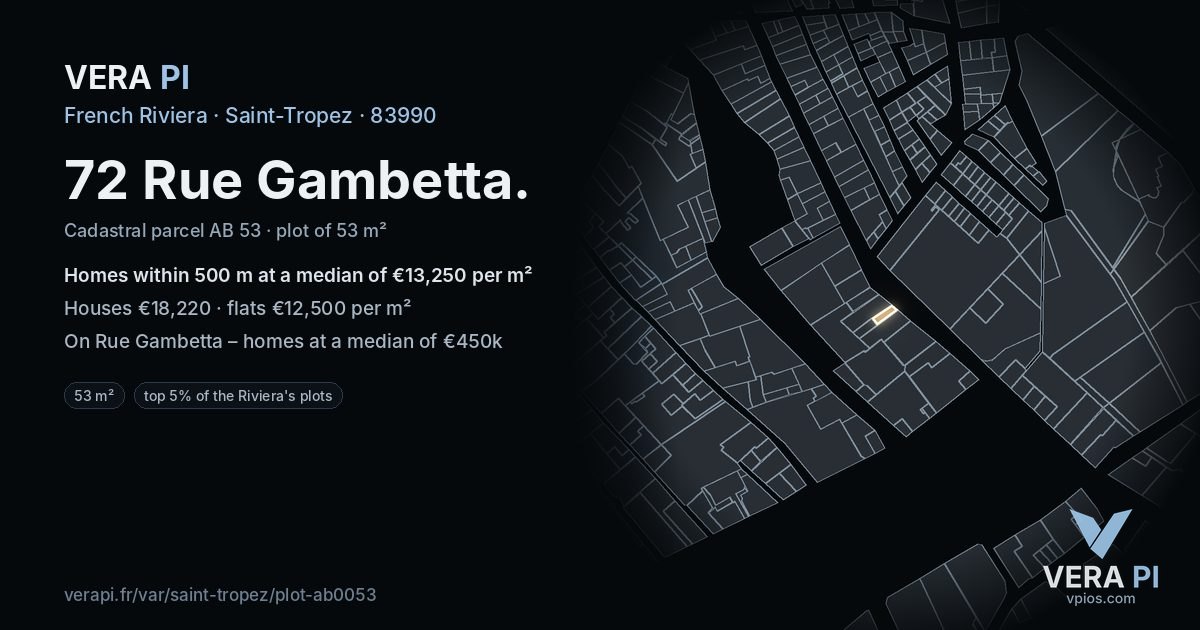 72 Rue Gambetta, Saint-Tropez at night – the plot lit, the parcels around coloured by the prices near them