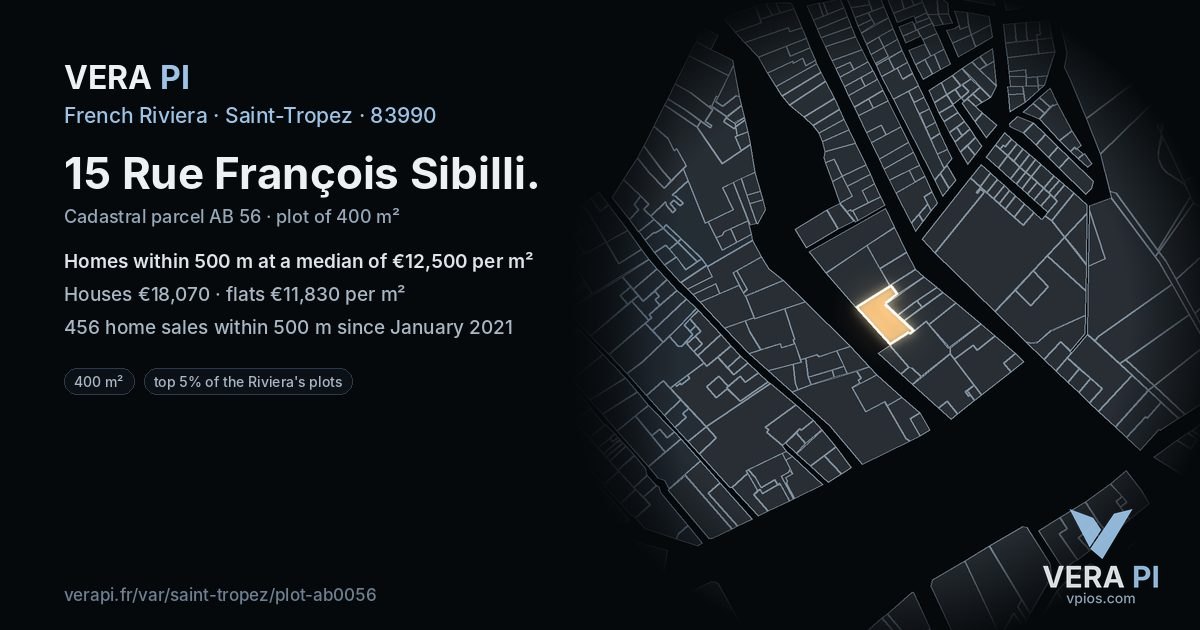 15 Rue François Sibilli, Saint-Tropez at night – the plot lit, the parcels around coloured by the prices near them