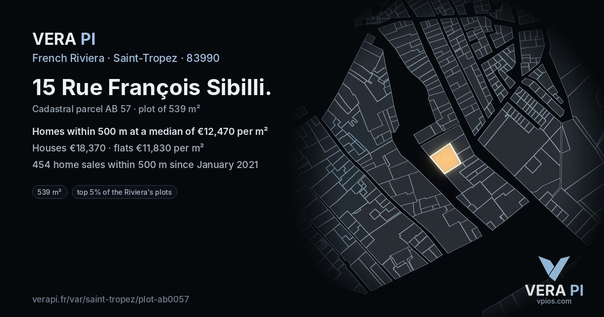 15 Rue François Sibilli, Saint-Tropez at night – the plot lit, the parcels around coloured by the prices near them