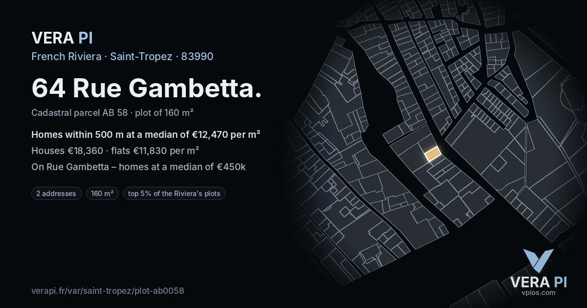 64 Rue Gambetta, Saint-Tropez at night – the plot lit, the parcels around coloured by the prices near them