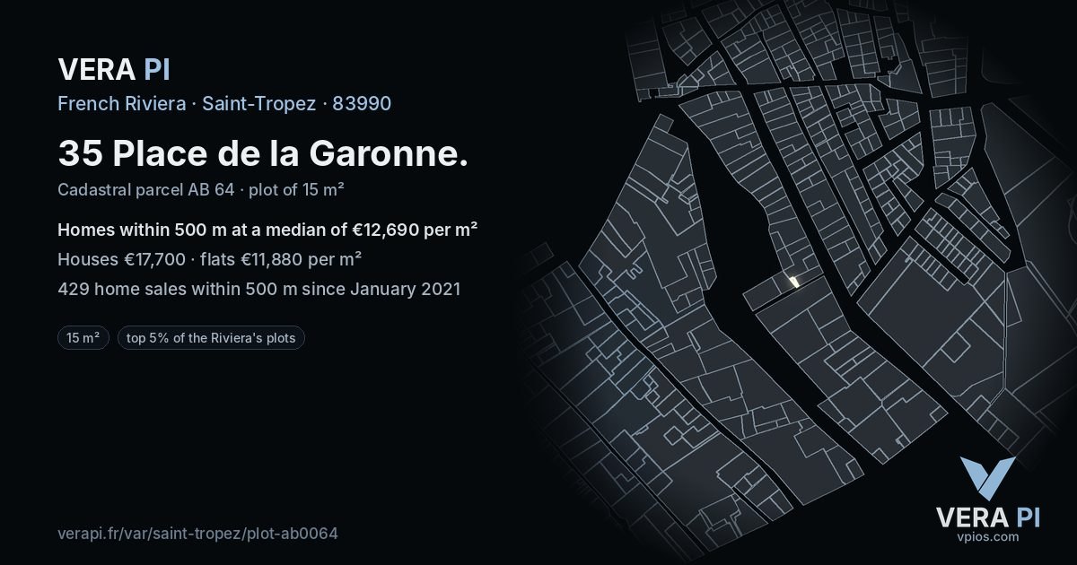 35 Place de la Garonne, Saint-Tropez at night – the plot lit, the parcels around coloured by the prices near them