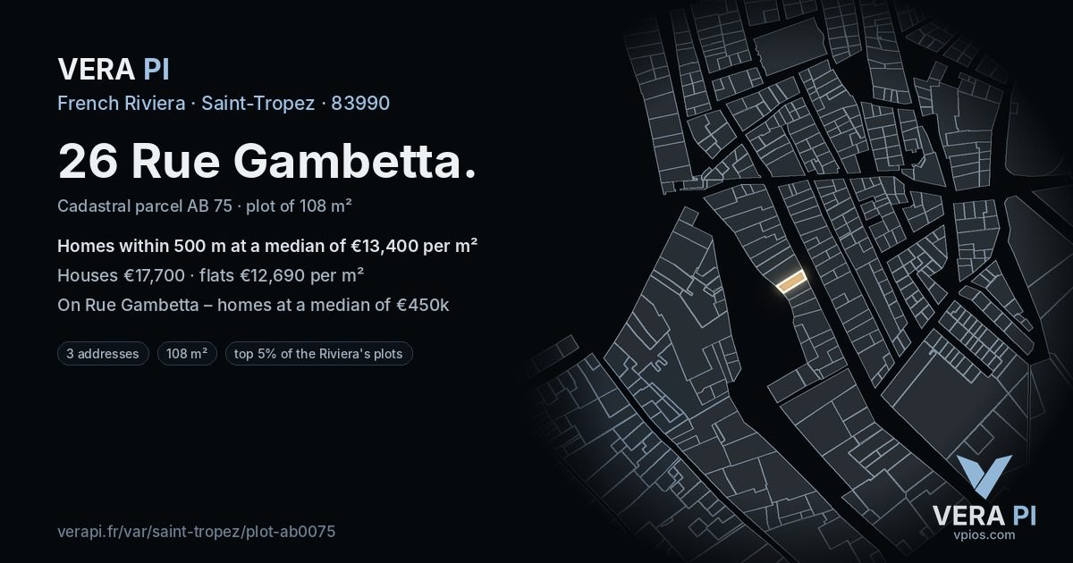 26 Rue Gambetta, Saint-Tropez at night – the plot lit, the parcels around coloured by the prices near them