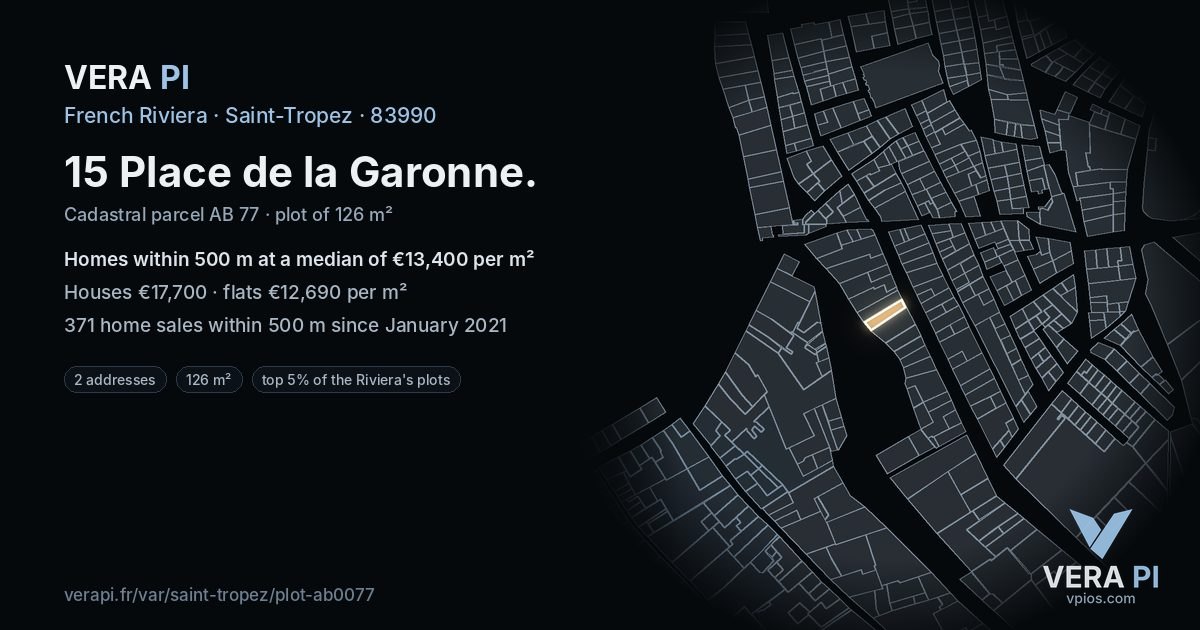 15 Place de la Garonne, Saint-Tropez at night – the plot lit, the parcels around coloured by the prices near them