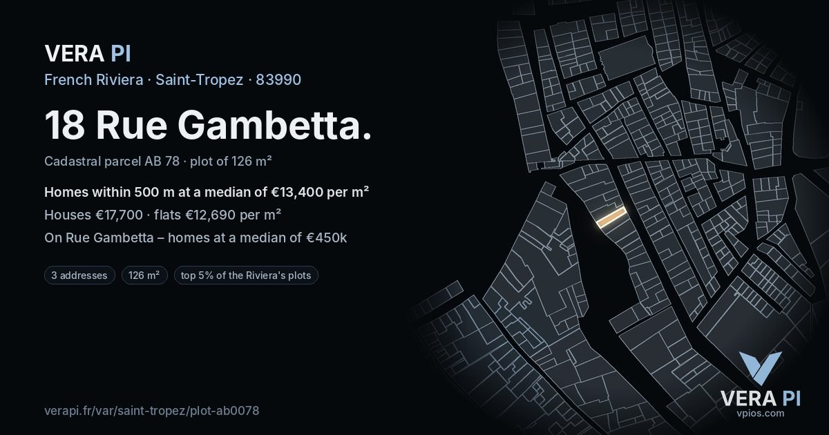18 Rue Gambetta, Saint-Tropez at night – the plot lit, the parcels around coloured by the prices near them