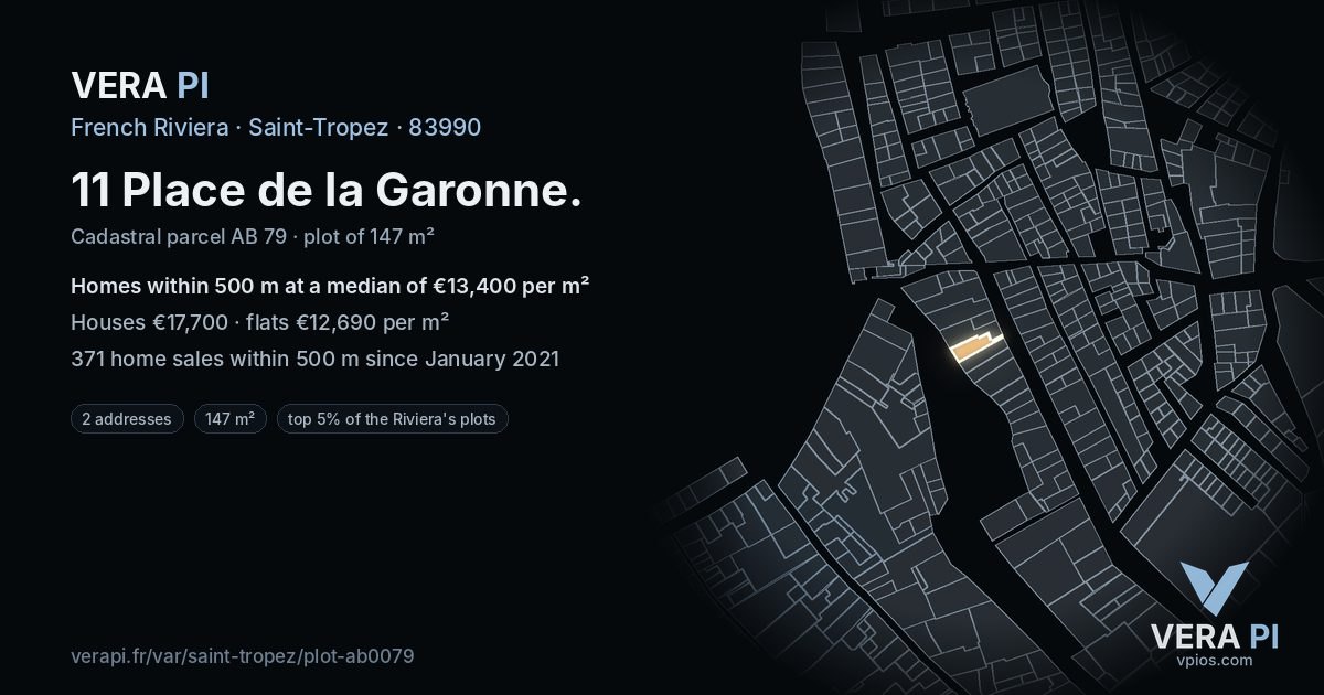 11 Place de la Garonne, Saint-Tropez at night – the plot lit, the parcels around coloured by the prices near them