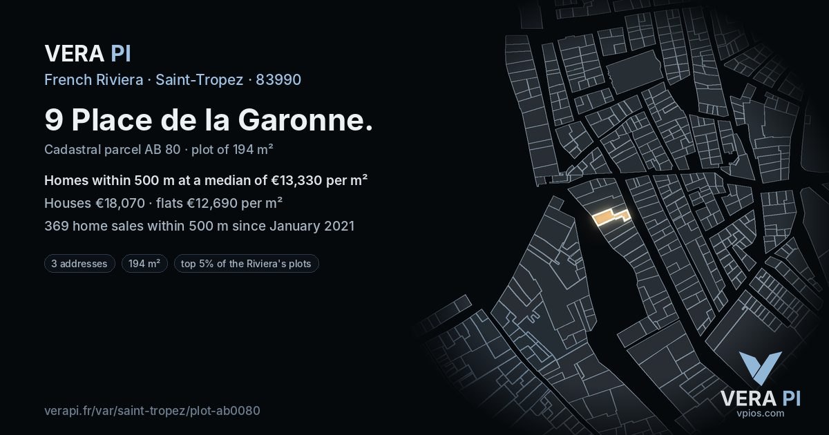 9 Place de la Garonne, Saint-Tropez at night – the plot lit, the parcels around coloured by the prices near them