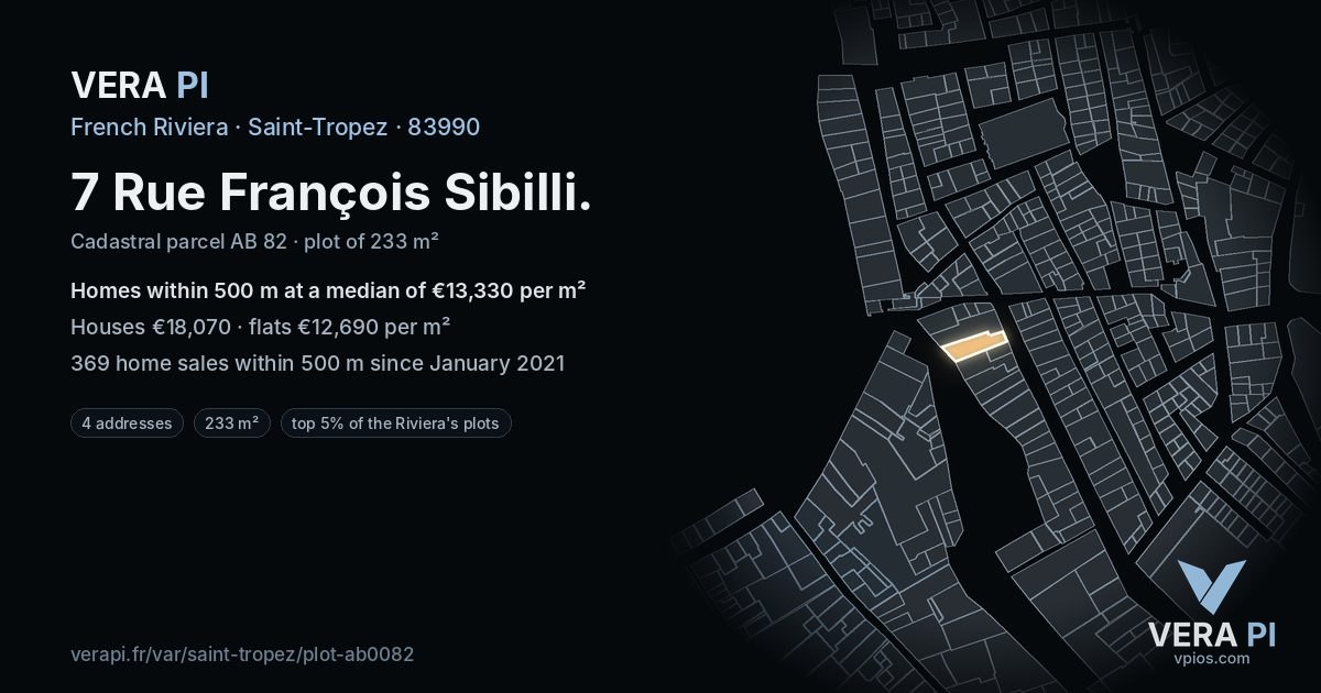 7 Rue François Sibilli, Saint-Tropez at night – the plot lit, the parcels around coloured by the prices near them