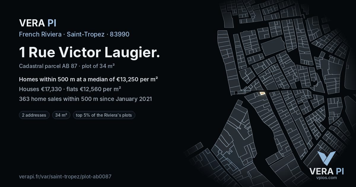 1 Rue Victor Laugier, Saint-Tropez at night – the plot lit, the parcels around coloured by the prices near them