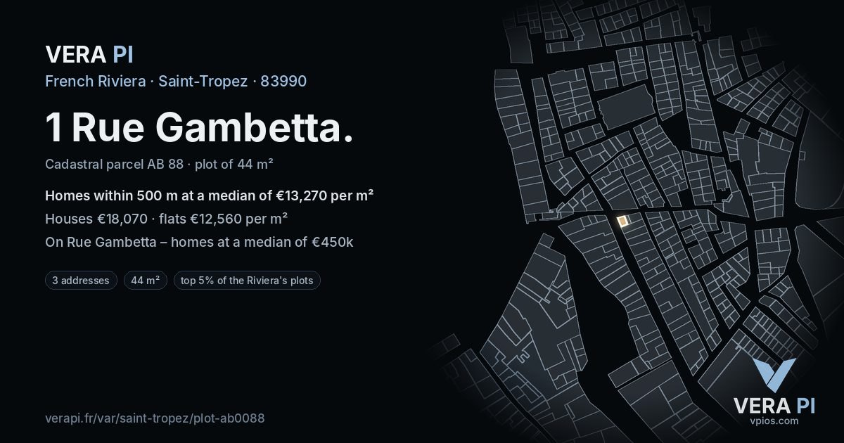 1 Rue Gambetta, Saint-Tropez at night – the plot lit, the parcels around coloured by the prices near them