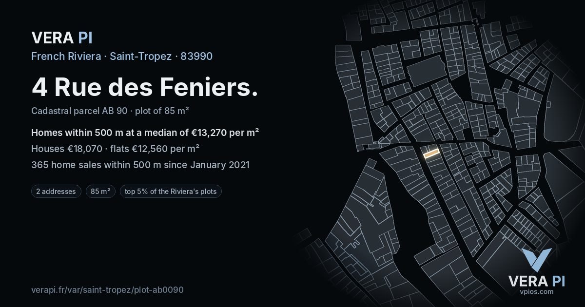 4 Rue des Feniers, Saint-Tropez at night – the plot lit, the parcels around coloured by the prices near them