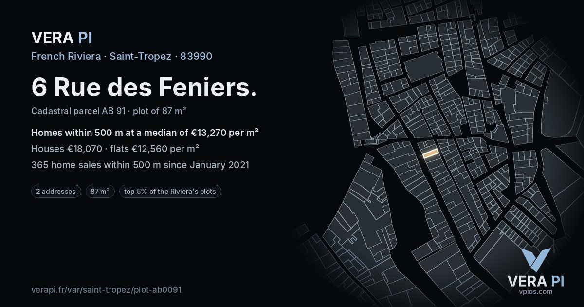 6 Rue des Feniers, Saint-Tropez at night – the plot lit, the parcels around coloured by the prices near them