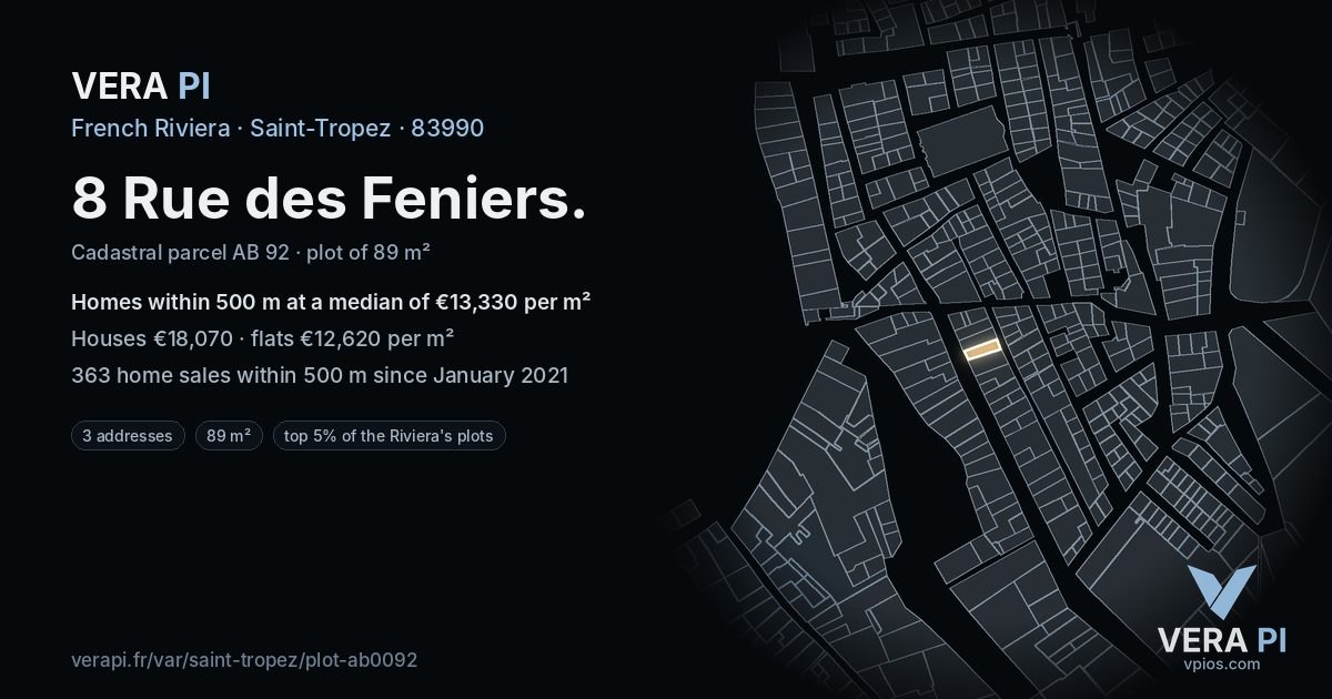 8 Rue des Feniers, Saint-Tropez at night – the plot lit, the parcels around coloured by the prices near them