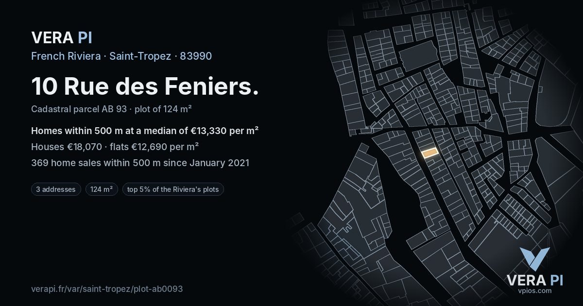 10 Rue des Feniers, Saint-Tropez at night – the plot lit, the parcels around coloured by the prices near them