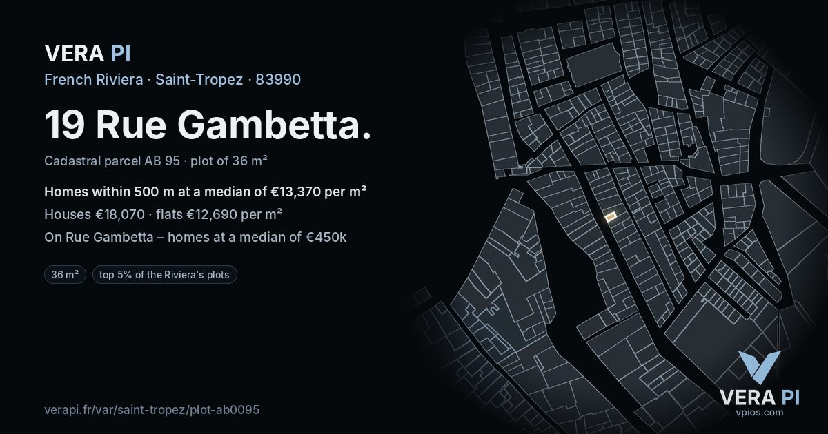 19 Rue Gambetta, Saint-Tropez at night – the plot lit, the parcels around coloured by the prices near them