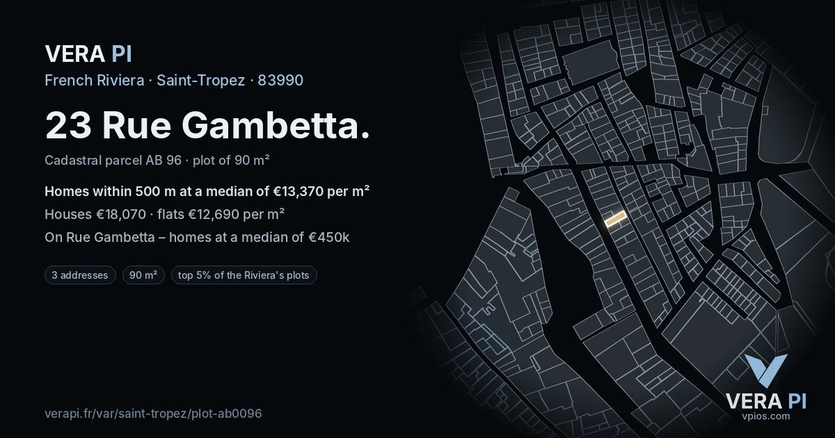 23 Rue Gambetta, Saint-Tropez at night – the plot lit, the parcels around coloured by the prices near them