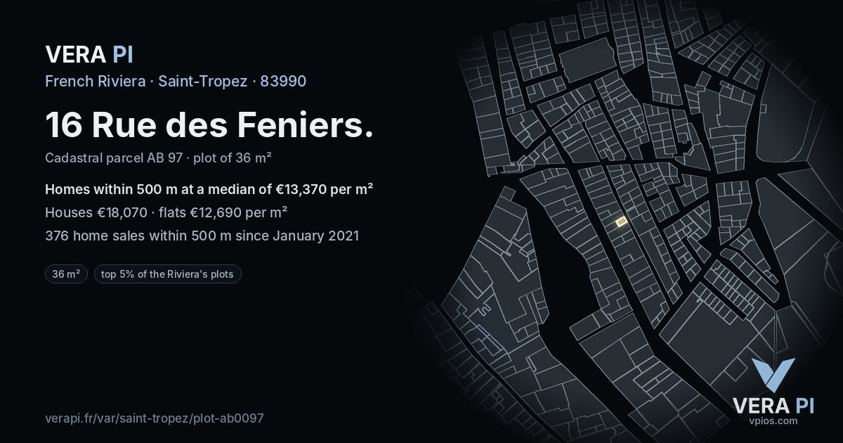 16 Rue des Feniers, Saint-Tropez at night – the plot lit, the parcels around coloured by the prices near them