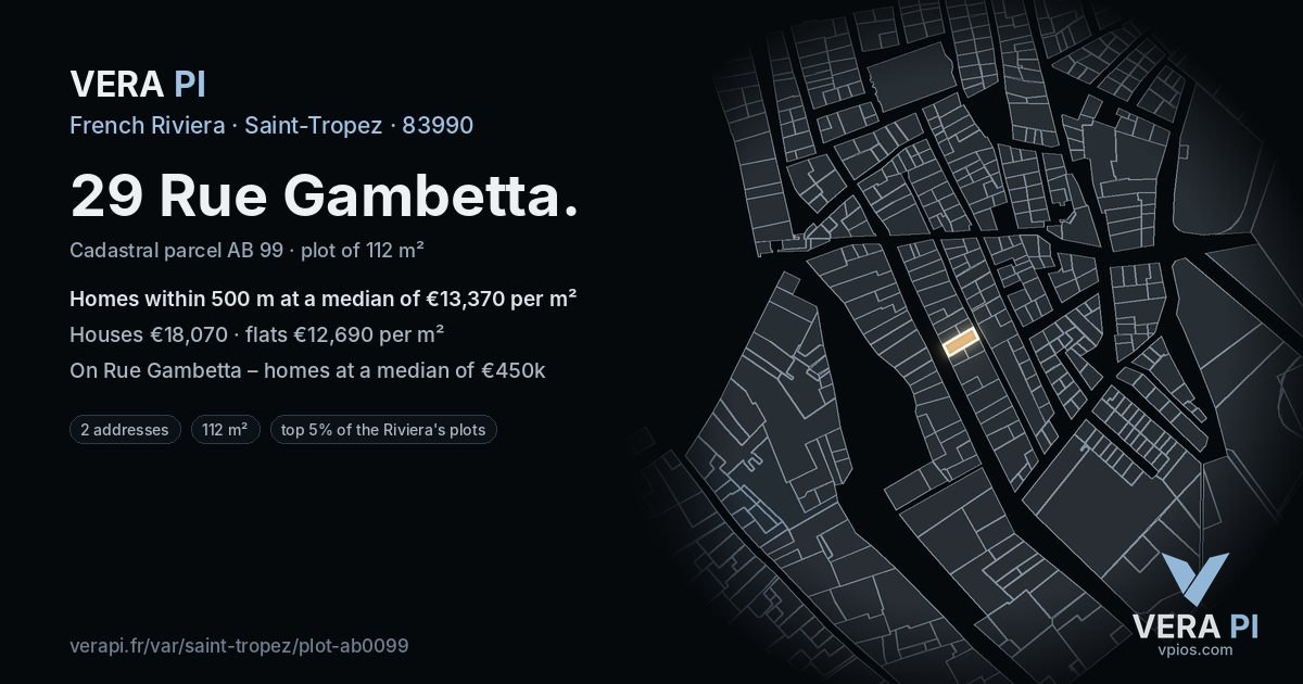29 Rue Gambetta, Saint-Tropez at night – the plot lit, the parcels around coloured by the prices near them