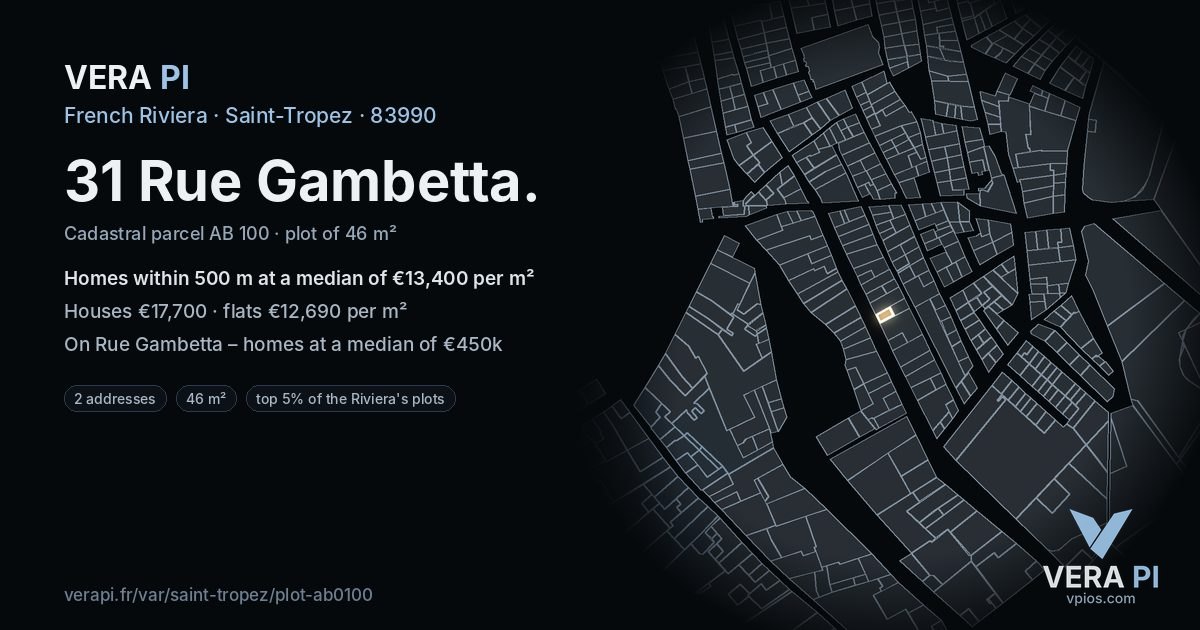 31 Rue Gambetta, Saint-Tropez at night – the plot lit, the parcels around coloured by the prices near them