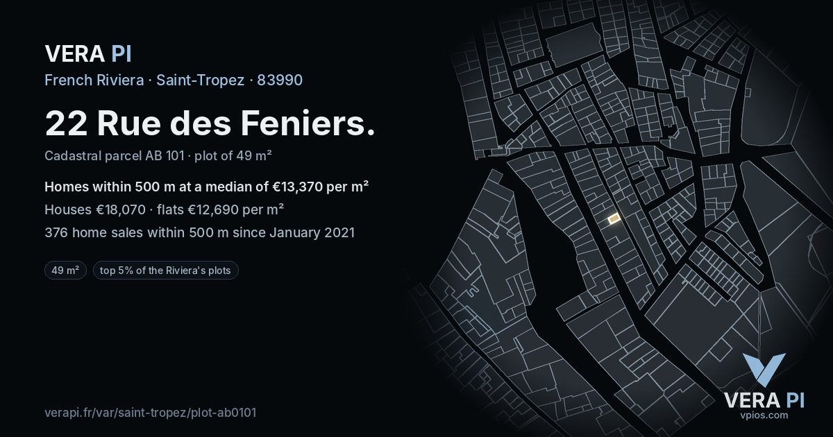 22 Rue des Feniers, Saint-Tropez at night – the plot lit, the parcels around coloured by the prices near them