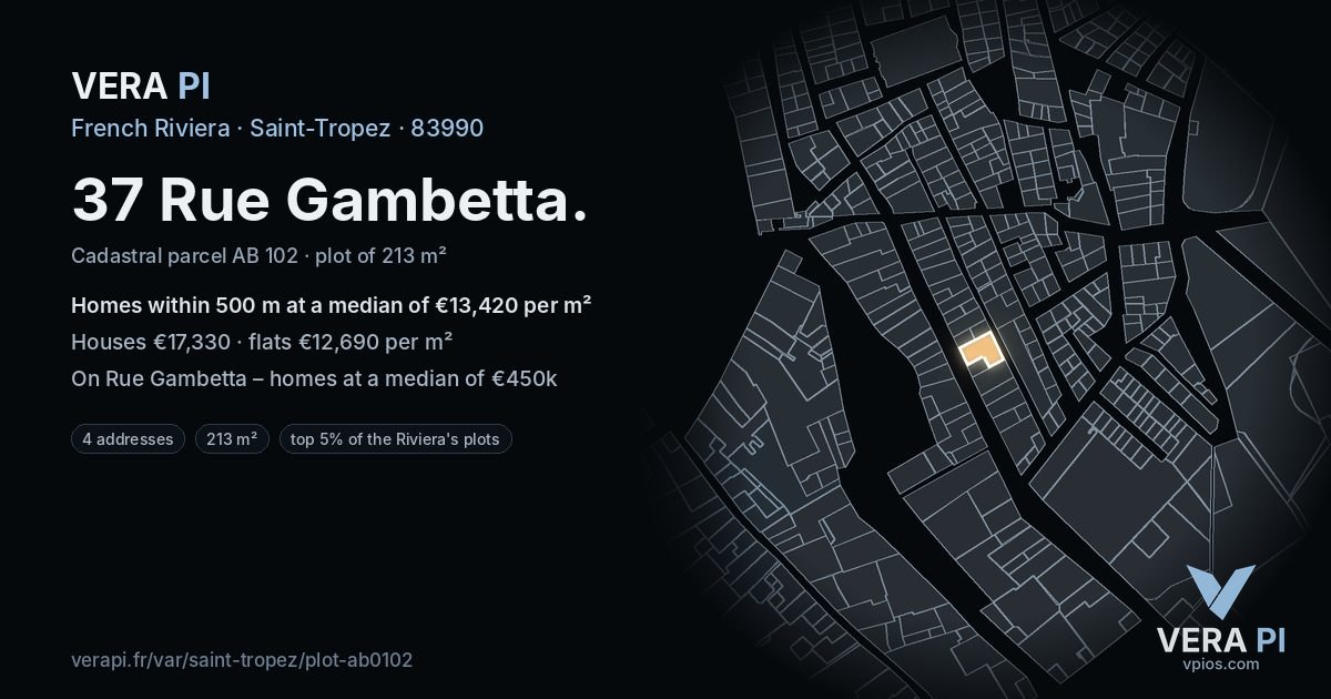 37 Rue Gambetta, Saint-Tropez at night – the plot lit, the parcels around coloured by the prices near them