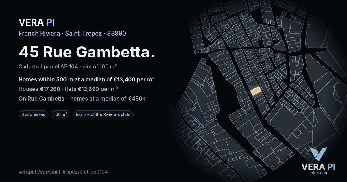 45 Rue Gambetta, Saint-Tropez at night – the plot lit, the parcels around coloured by the prices near them