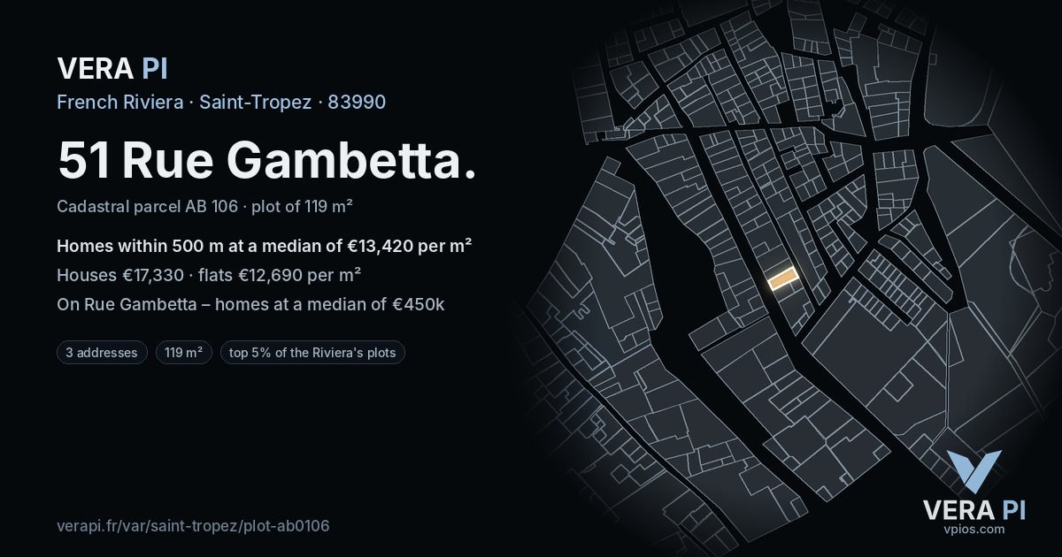 51 Rue Gambetta, Saint-Tropez at night – the plot lit, the parcels around coloured by the prices near them