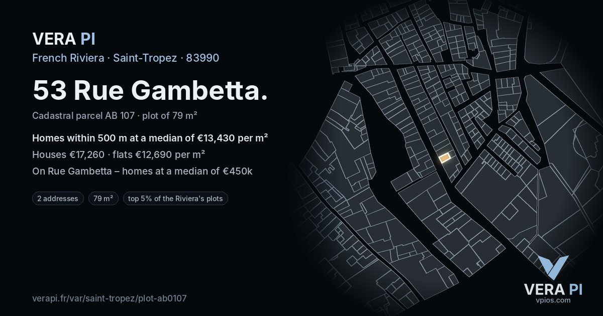 53 Rue Gambetta, Saint-Tropez at night – the plot lit, the parcels around coloured by the prices near them