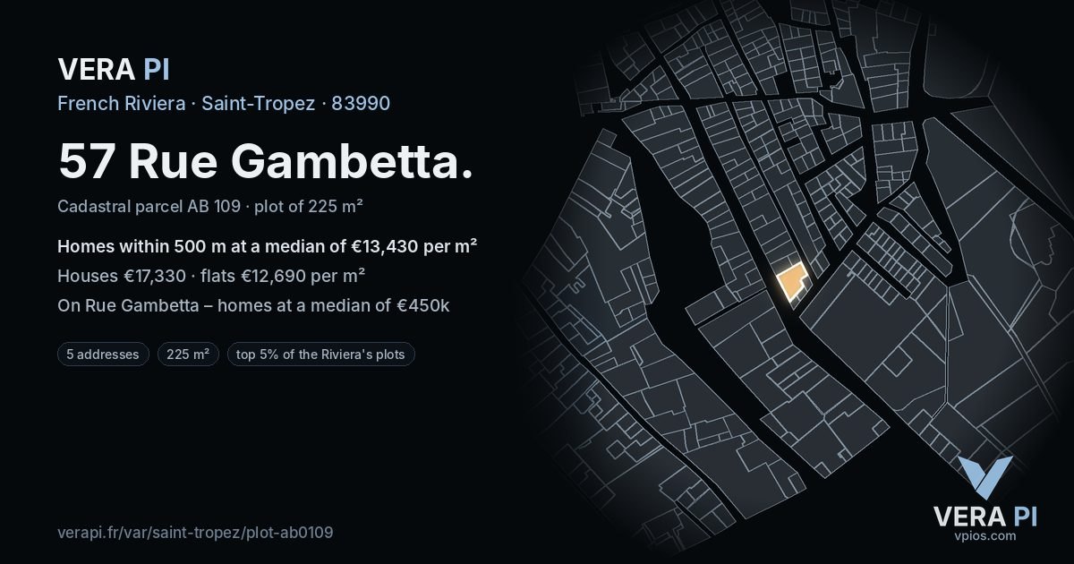 57 Rue Gambetta, Saint-Tropez at night – the plot lit, the parcels around coloured by the prices near them